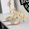 8381-AH159 Sandalias de tacón de aguja alto con estampado de leopardo de estilo europeo y americano, lazo de pedrería, punta fina, sexys, para fiesta, para mujer