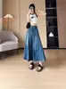 Saia Midi Jeans Vintage Desgastada para Mulheres, Versátil Nova de Cintura Alta Modelo A com Barra Larga e Design Patchwork