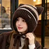 Mejor gorro de punto cálido de invierno para exteriores para mujer, con forro de polar y orejeras, con diseño de orejas de gato