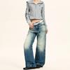 Jeans Rectos Yongfang Estilo Retro Americano Azul Oscuro para Hombres y Mujeres, Lavados con Bigotes Tridimensionales, Diseño Holgado, Pantalones Casuales de Pierna Ancha