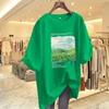 Camiseta Verde Escuro Feminina Manga Curta Comprimento Médio Estampada Tamanho Grande Roupas Femininas Verão 2023 Novo Popular Top ins Tendência