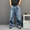 Novas Calças de Marca Tendência Estampadas Digitalmente em 3D Falsas de Duas Peças Retro Envelhecidas Desgastadas Perna Larga Perna Reta Altas Emagrecedoras