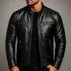Chaqueta de Cuero con Cuello Alto Estilo Motociclista Europeo y Americano para Hombre Otoño/Invierno 2026, Chaqueta Corta de Cremallera Ajustada