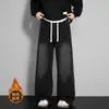 Jeans rectos personalizados/estilo americano con forro de polar para hombre, pantalones gruesos para otoño e invierno, pantalones de pierna ancha de marca de moda urbana unisex