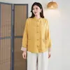 Nueva chaqueta de algodón y lino jacquard de otoño con botones, mangas murciélago, corte holgado, cuello alto, top cárdigan, venta al por mayor