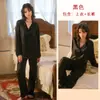 Conjunto de Pijama Simples de Cetim Espinha de Peixe com Gola Lapela, Mangas Longas e Calça de Perna Larga em Preto e Branco, Roupa de Casa 1111