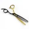 Tesoura de Cabeleireiro Capa Preto Dourado 6.0 polegadas, Tesoura de Cabelo, Tesoura Odontológica, Dentes de Galhada, Dentes Sem Marcas, Dentes em V, Dentes de Espinha de Peixe