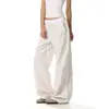 Pantalones de Verano para Mujer Estilo Americano Nuevos Sueltos Versátiles de Pierna Recta Pierna Ancha Retro Patchwork Rayados Cintura Elástica Cordón Pantalones Casuales