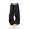 Jeans Lavado com Bolsos de Rebite Estilo High Street Americano para Mulheres, Novas Calças Casuais Largas de Perna Larga Comprimento Total