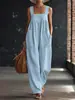 Mono de cuello cuadrado, hombros anchos, tacto de algodón y lino; pantalones de pierna ancha, holgados, que favorecen la figura, con puños elásticos; overol casual con bolsillos
