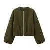 Moda Femenina Nueva Primavera Estilo Europeo y Americano Tela Suave Aviador Cuello Redondo Cremallera Chaqueta Corta 3046