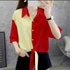 Camisa Feminina Personalizada de Manga Média com Listras e Cores Contrastantes, Camisa da Moda Estilo Coreano, Top Curto Pequeno de Cintura Alta com Laços