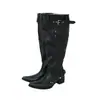 Botas de Cavaleiro Pretas Bico Fino para Mulheres 2025 Outono e Inverno Novas Botas de Neve com Salto Grosso Forradas com Veludo para Mulheres Cano Longo