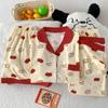 Pijama de Tres Piezas de Manga Corta para Mujer, Estilo Japonés de Alto Aspecto con Bloques de Color de Cachorro de Manzana, Estilo Ins, Ropa de Casa para Verano, Fotos Reales al por Mayor