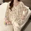 Nuevo Pijama de Cardigan de Otoño para Mujer Pijama de Pantalón de Manga Larga Traje de Pijama Casual Floral Dulce Ins Ropa para el Hogar