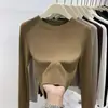 Suéter básico de tricô canelado com gola redonda para mulheres, adequado para primavera, outono e inverno, em um estilo simples, moderno e curto