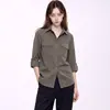 Camisa de Trabalho Archivun Vintage Verde Militar com Mistura de Liocel, Gola Reversível, Manga Média, Manga Longa Relaxada para Outono