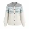 Cardigã de Tricô Jacquard Nórdico Fair Isle com Gola Redonda para Mulheres, Jaqueta de Viagem Fair Isle Curta Solta da Amazon