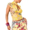 Camiseta Retrô Estilo Chinês Y2K Feminina Sexy Justa com Estampa Floral, Malha Vazada, Gola Alta e Mangas Curtas, Nova Coleção Primavera/Verão