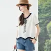 Camisa Doce de Algodão Puro com Babados Estilo Francês para Mulheres, Top Branco de Manga Curta para o Verão com Design de Gravata Borboleta, Único e Estiloso