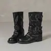 Botas de pierna de pantalón con hebilla de suela gruesa estilo británico para mujer, punta redonda, color marrón, a media pantorrilla, fruncidas, apiladas, versátiles, botas Martin