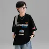 Camiseta de Manga Corta con Estampado de Carreras para Niños, Nueva Llegada de Verano, Holgada, Tendencia de Marca, Tallas Mediana y Grande para Niños, Algodón Puro, Transpirable, Top de Moda, Camiseta de Verano