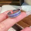 Sucesso de transmissão ao vivo no TikTok: Anel turquesa azul cravejado de diamantes em três fileiras, estilo vintage, anel aberto elegante de princesa para mulheres