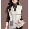 Colete Tricotado com Bolsos Color Block Transfronteiriço para Mulheres, Novo Cardigã Elegante Sem Mangas para Primavera e Outono
