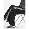 Calça de Moletom Cinza Masculina Primavera e Outono Listrada Americana de Perna Larga Pesada Marca Tendência Esportiva Solta Reta Casual Longa
