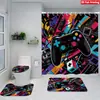 Juego de Cortina de Ducha y Alfombrilla de Baño de Cuatro Piezas con Diseño de Mando de Videojuego para Baño del Hogar, Cortina de Ducha con Separación de Zona Húmeda y Seca, Cortina de Ducha Impermeable