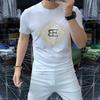 Camiseta de Manga Corta para Hombre Estilo Europeo, Marca de Moda, Adorno de Pedrería, Algodón Merceizado, Corte Ajustado, Camisa de Cuello Redondo para Hombre, Verano Manga Media, Casual y Versátil
