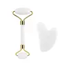 Rodillo de jade en stock, rodillo de masaje facial de cristal rosa de doble cabeza, juego de tabla raspadora en forma de corazón de jade para salón de belleza