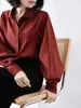 Camisa roja Ankora para mujer, otoño/invierno 2026, nuevo estilo coreano, corte holgado, adelgazante, cuello de muñeca, manga de farol, top cepillado