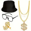 Colar Pulseira de Ouro Hip-Hop Chapéu Preto de Pescador Popular Óculos com Armação de Espelho Anel de Dólar Conjunto de Vestido de Baile
