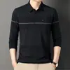 Camiseta de manga larga para hombre de mediana edad, primavera y otoño, con cuello camisero, polo a rayas casual, estilo papá con bolsillos reales