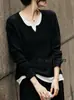 Suéter de punto casual para mujer, estilo dos piezas falsas, cuello en V, corte holgado, adelgazante, rejuvenecedor, jersey casual, top elegante de otoño