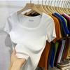 Camiseta de Manga Corta de Color Sólido, Estilo Nuevo Verano 2026, Cuello Cuadrado Bajo que Expone la Clavícula, para Mujer, Ajuste Ceñido, Algodón Acanalado, Adelgazante, Hombro Normal