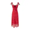 Vestido Vermelho Floral Sexy Retrô Francês Feminino Verão High-End Estilo Resort Sexy Justo na Cintura Cauda de Peixe Longo
