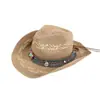 Sombrero de vaquero western de paja estilo étnico, sombrero de paja para el sol para viajes por la pradera para mujeres, sombrero de playa de ala ancha de verano para vacaciones
