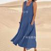 Sitio Independiente de Amazon Wish2023 Comercio Exterior Europeo y Americano Vestido de Algodón y Lino para Mujer de Bolsillo sin Mangas Cuello Redondo Vintage