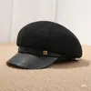 Chapéu Newsboy Octogonal Estilo Coreano Estilo Maillard Aba de Couro Patchwork Fivela de Couro Chapéu Octogonal Feminino Outono Inverno Retrô Versátil Emagrecimento Facial