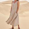 Amazon Estación Independiente Wish2023 Verano Europeo y Americano Exportación Pantalones con Bolsillo de Solapa Vestido de Algodón y Lino para Mujer sin Mangas con Cuello Redondo