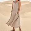 Sitio Independiente de Amazon Wish2026 Vestido de Algodón y Lino para Mujer de Bolsillo sin Mangas Cuello Redondo de Comercio Exterior Europeo y Americano de Verano