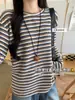 Camiseta Base Rayada de Cuello Redondo Premium H557 para Mujer, Otoño e Invierno, Suéter Cálido Holgado Casual, Tejido de Punto, Top Camiseta