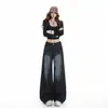 Pantalones Retro de Pierna Ancha Azul Profundo para Mujer, Elegantes Pantalones de Mezclilla Sueltos Estilizados Lavados que Adelgazan, Pantalones Largos Azul Grisáceos, Pantalones Azul Grisáceos Extra Largos