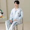 Algodão PuroPijama Masculino de Manga Longa com Gola Reversível, Conjunto de Pijama Listrado Outono para Jovens com Desenho Animado, Corte Amplo