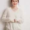 Suéter de malha 100% caxemira pura para mulheres, novo estilo outono e inverno, base grossa de sete pontos, blusa de gola V de fio duplo, versátil e moderna