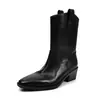 Botas vaqueras occidentales de piel de vaca completa 2026 Otoño/Invierno Tacón alto grueso Punta cuadrada Piel genuina Botas de media caña con tirador y corte en V para mujer