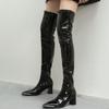 Botas Acima do Joelho para Mulheres 2026 Novo Estilo Botas Elásticas de Couro Botas Longas de Salto Alto de Couro Envernizado para Mulheres Salto Grosso Botas Extra Longas para Coxa