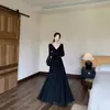 Vestido Elegante Patchwork de Renda para Mulheres Outono 2025 Design Francês de Alta Qualidade Emagrecedor Cintura Marcada Vestido Longo